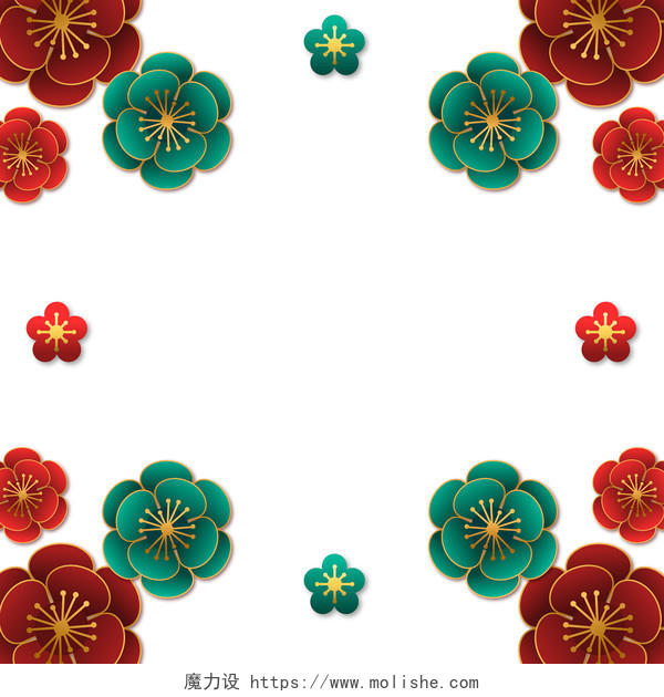 红色绿色立体花朵春节新年矢量素材